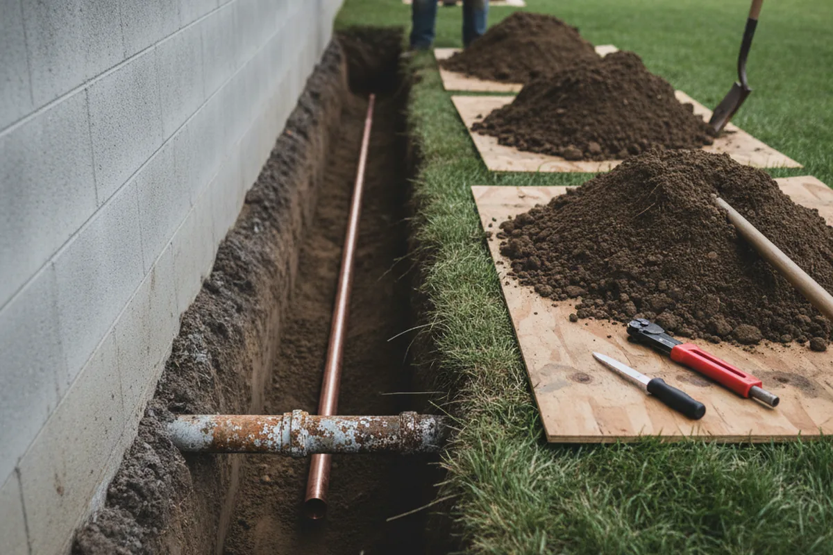Excavated water line trench during Water Softener Installation in Hornell